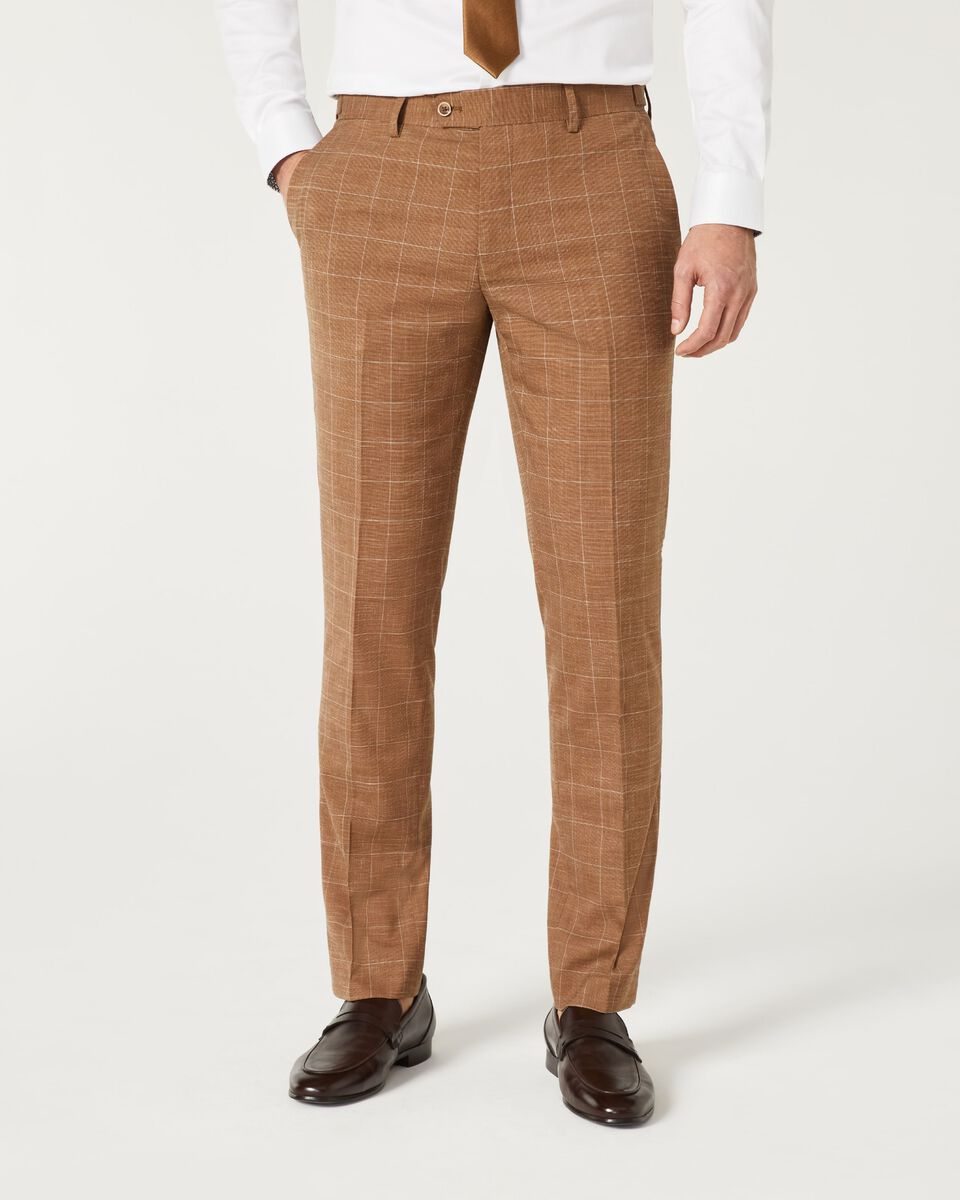 Mens Tan Windowpane Tailored Suit Pant
